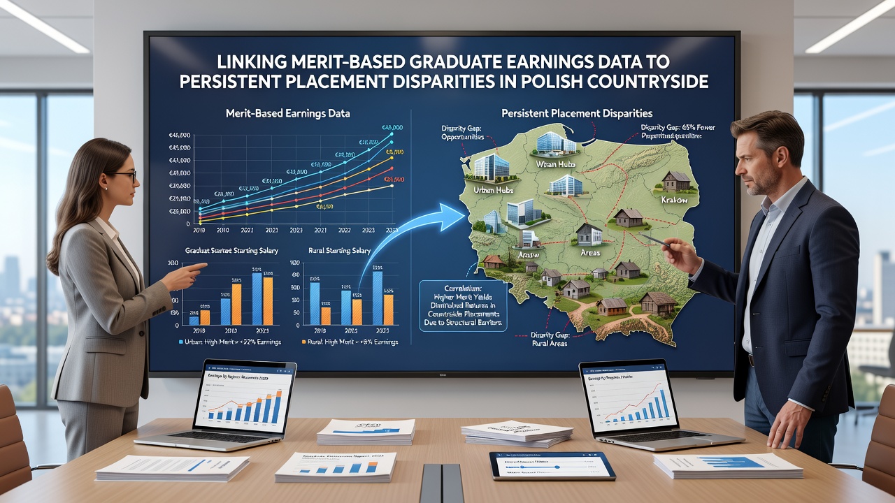 Data visualization charts showing earnings gaps and school placement statistics in Poland